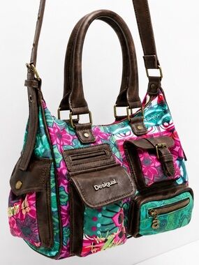 Vintage Desigual Floral Patchwork Shoulder Bag Multi Pocket Boho Satchel Purse